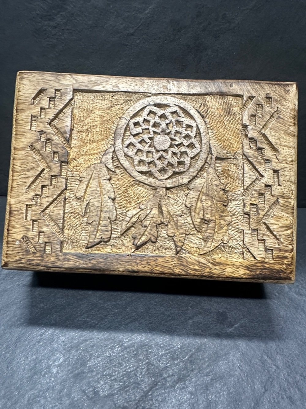 Hand-Carved Wooden Dreamcatcher Jewelry Box - Natural Brown